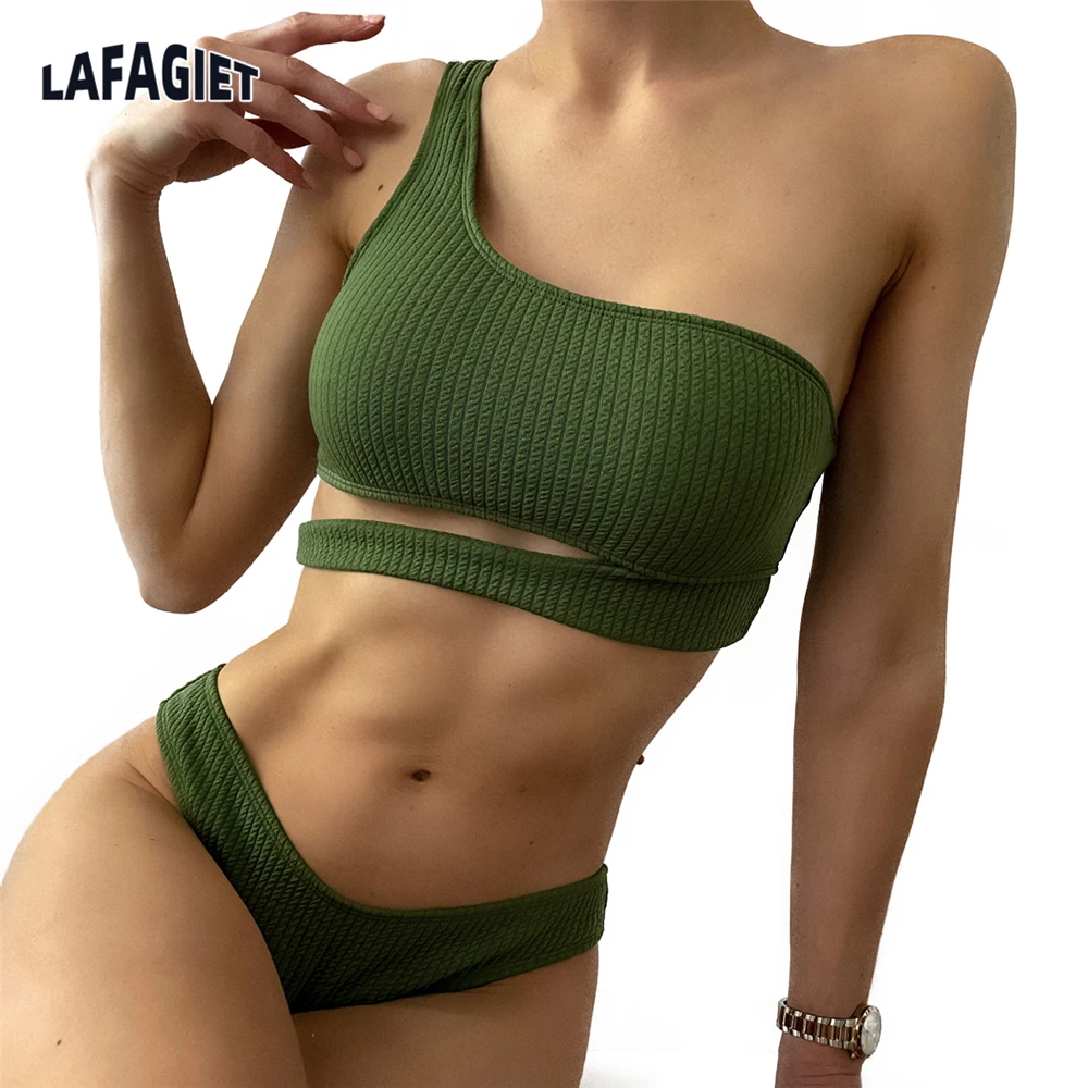 

Сексуальное бикини на одно плечо, текстурированная купальная одежда, женский купальник с низкой талией 2022, женские купальные костюмы, однотонный бразильский комплект бикини, купальник
