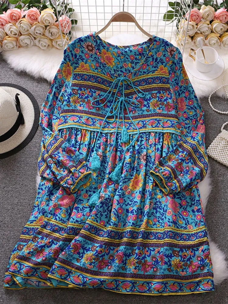 

2022 Spring Summer Women's Travel Holiday Indie Style Dress New Sweet Loose Thin Printed Long-sleeved Mid-length Dress