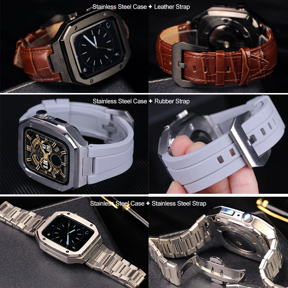 Luxury Metal Case+strap for Apple Watch band 45mm 44mm Leather Stainless Steel For iWatch 8 7 65 Modification Kit watch case Mod
