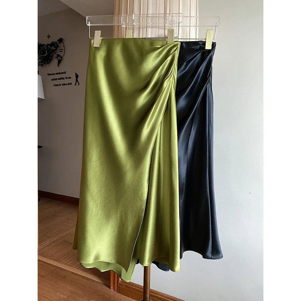 

Intellectual Irregular Acetate Satin Skirt! French Elegant Summer High Waist Mid-length Hip Skirt Mermaid Skirt Sheath Dress