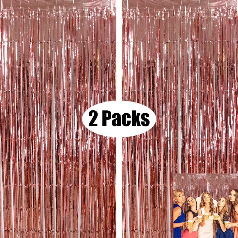 

2Pack Metallic Foil Tinsel Fringe Curtain Wedding Bachelorette Party Decorations Adult Anniversary Birthday Photography Backdrop