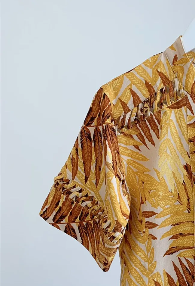 

Women Short Sleeve Maple Leaf Printed Handmade Bandage Linen Dress