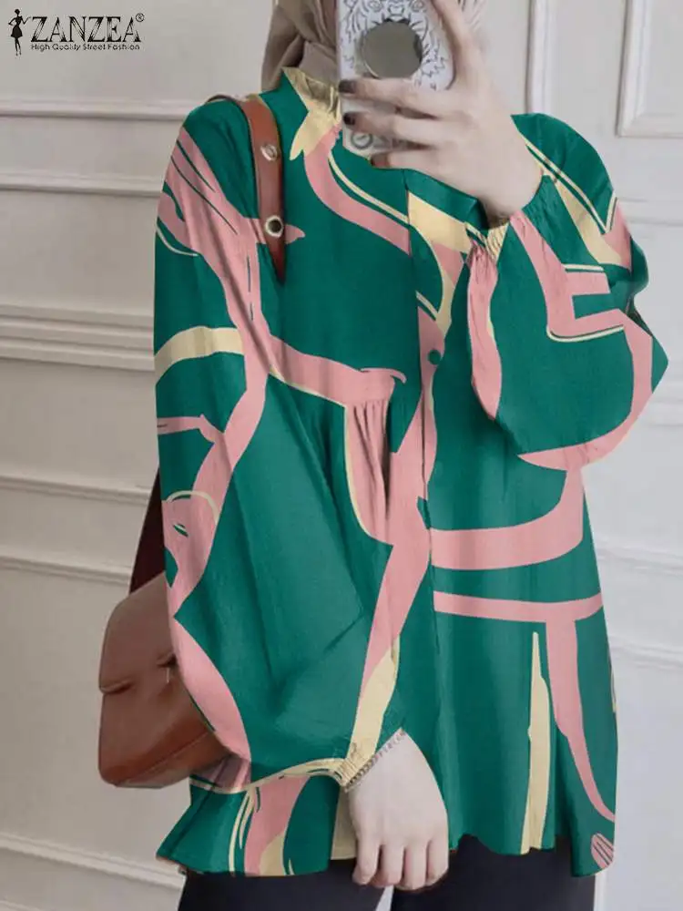 

Мусульманский Хиджаб ZANZEA, Женская винтажная блузка на пуговицах, топы с принтом, богемная Осенняя Цветочная рубашка с круглым вырезом и длинным рукавом, яркая Турция