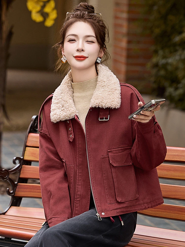 Ankela красное джинсовое пальто плюс бархатное женское короткое 2024 зимние