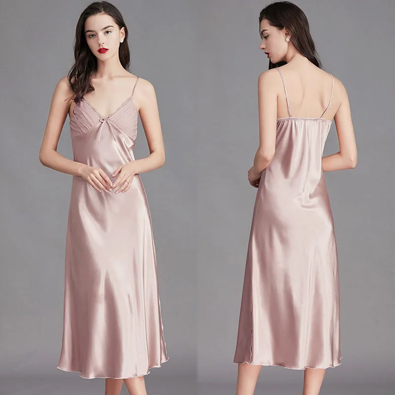 Women Satin Silk Sleep Dress Sleeveless Sling Bowknot Swing Maxi Dress Pajamas. Silk satin material, material soft and breathabl