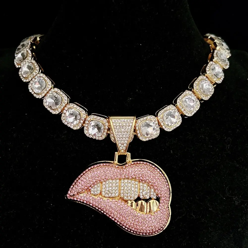 AAA Rhinestone Iced Out Miami Cuban Link Chain Sexy Biting Lips Pendant Necklace For Men's Chains Hip Hop Jewelry Women |