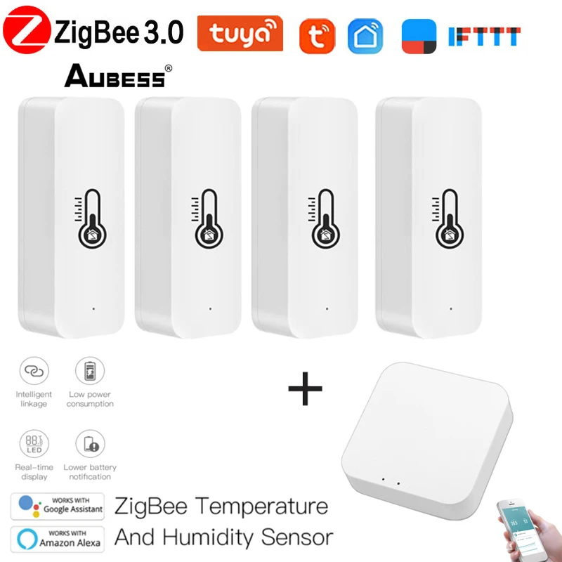 

Датчик температуры Aubess Tuya ZigBee для умного дома, батарея для мониторинга в режиме реального времени, работает с приложением Alexa Google Home Gateway