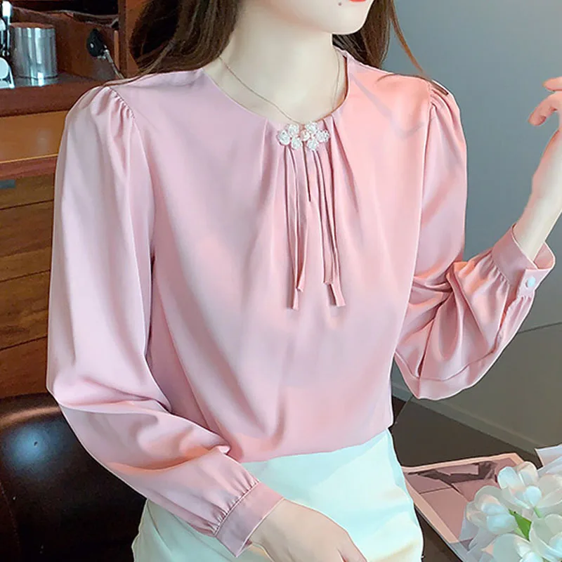 Женская шифоновая блузка с длинным рукавом и круглым вырезом