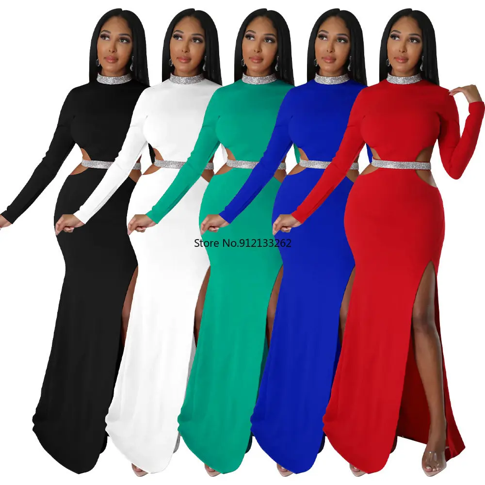 

Autumn African Women Long Sleeve O-neck Solid Color Polyester Long Dress Maxi Dress African Dresses for Women