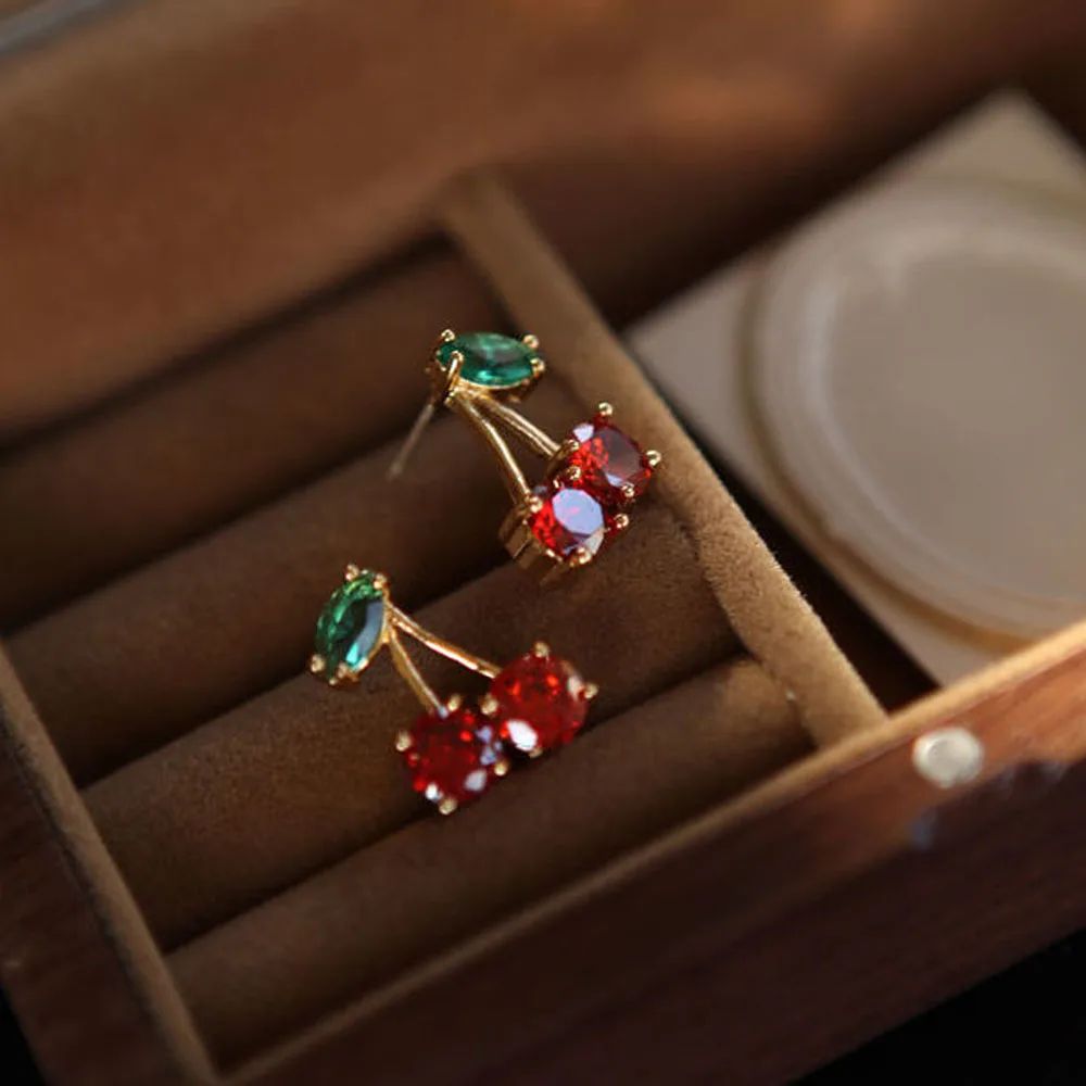 Женские серьги-гвоздики в виде вишни с красным Цирконом