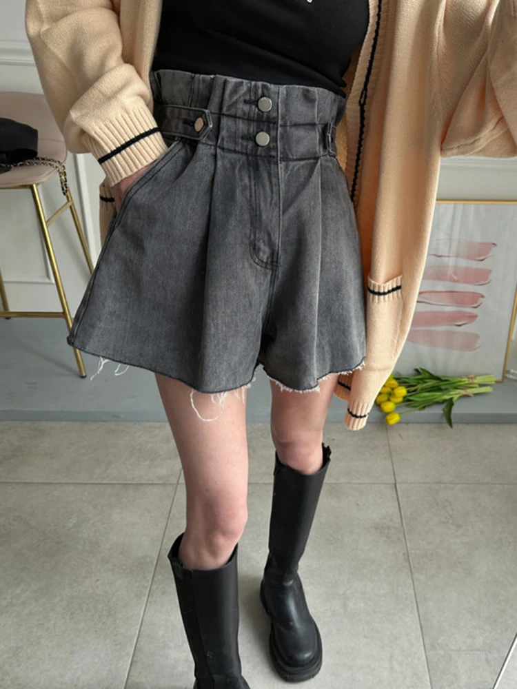 DFRCAEG 2023 Summer Denim Shorts For Women High Waist Stretch Blue Or Black Raw Edge Jeans Short With Pockets Wide Leg Pants