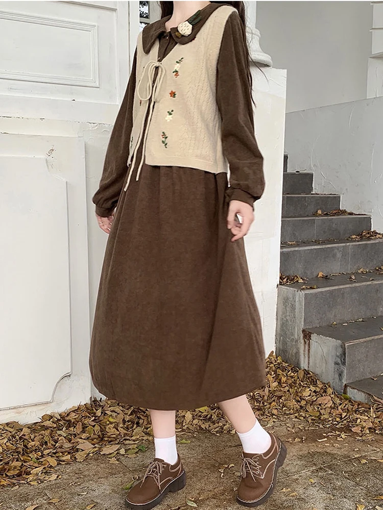 Женское вельветовое платье-рубашка с длинным рукавом и воротником Питер Пэн