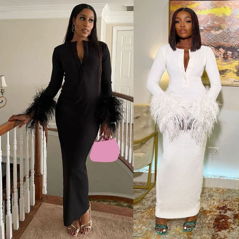 

WUHE. Women Fau Fur Hem Long Sleeve Knit Ribbed Button Collar Bodycon Midi Maxi Dress 2023 Evening Spring Sexy Party Dresses