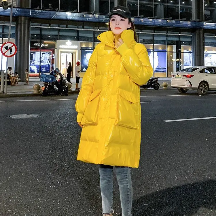 Glossy Free Wash Down Cotton Coat for Women Long Thick Warmth Stand Collar Parkas 2023 Winter New Loose Clothing Feminine S90