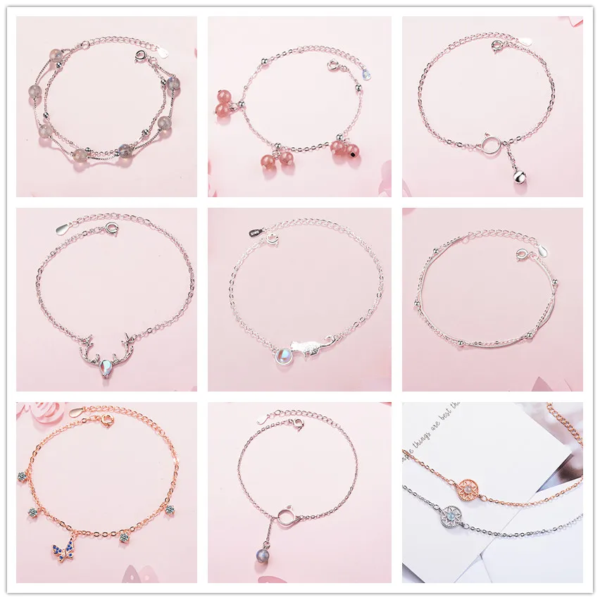 Pink Crystal Beads Elk Cat Moonstone Bracelets for Women Girls Trendy Silver Color Bracelete Feminino Femme Wedding Jewelry