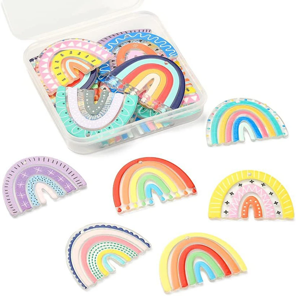 20Pcs/Set Translucent Cartoon Rainbow Acrylic Fun Pendant With Hole DIY Handmade Jewelry Earrings Key Chain Accessories