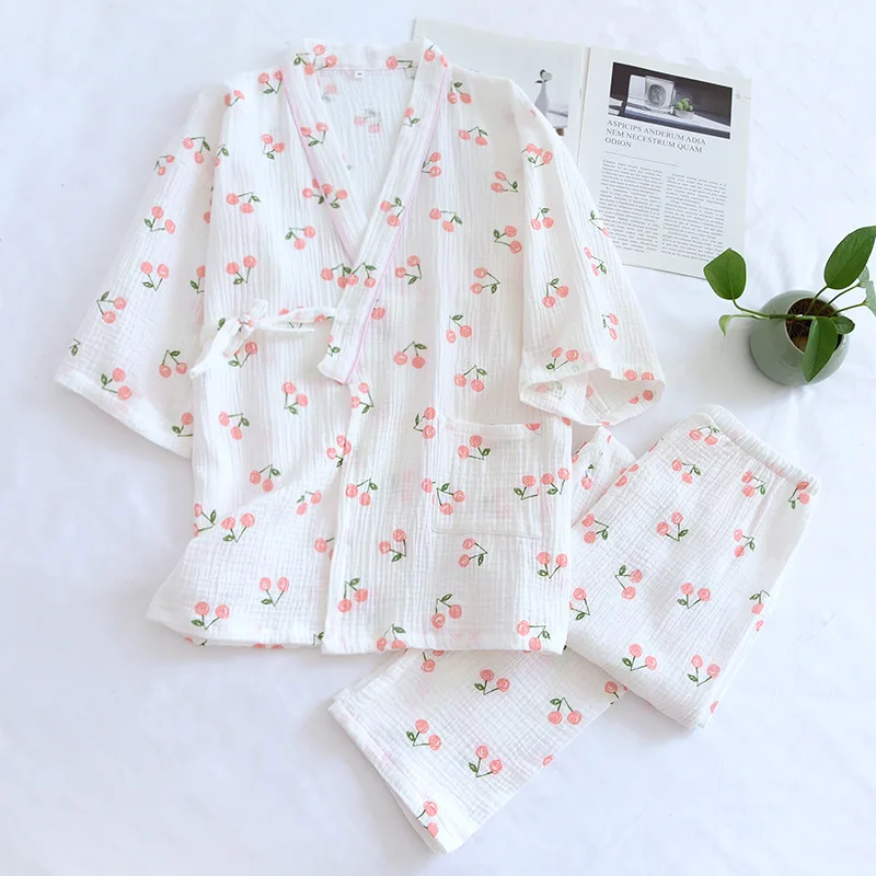 

Autumn Women Cotton Pajamas Seven-sleeve Crepe Kimono Sleepwear V-Neck Pink Cherry Print Pijamas Two Piece Set Home Sleep Wear