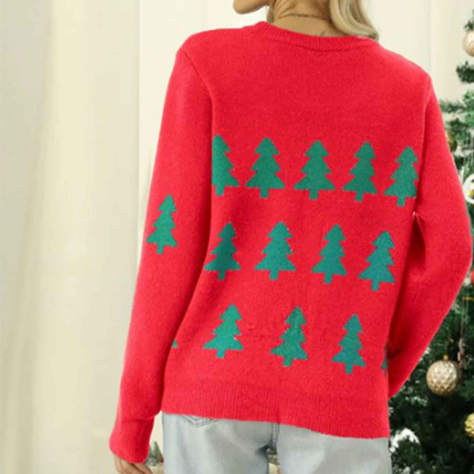 

Autumn Winter Women Knitwear Sweater Loose Fit Christmas Tree Pattern Sweater Long Sleeve Crew Neck Festival Style Vacation Top