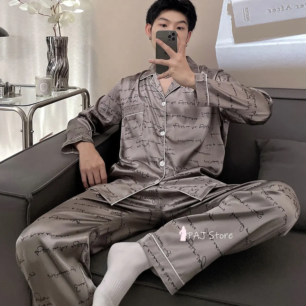 Men Silk Satin Pajamas Set Pajama Man Sleepwear Set Large Size  Long Sleeve Loungewear Oversize Pajamas 7XL Pyjamas Home Suit
