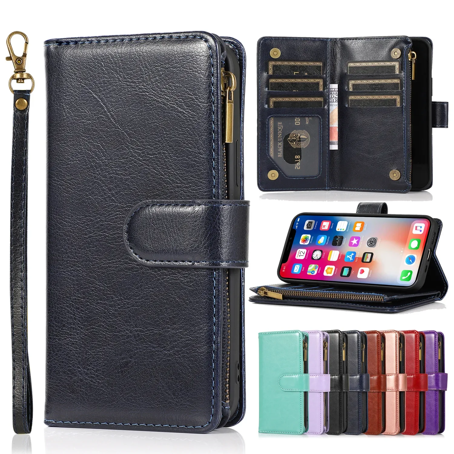 

Card Slots Flip Leather Case for iPhone 12 11 Pro Max Xs Xr 7 8 Plus 6 6s Se 2020 Wallet Cover Luxury Zipper Stand Coque