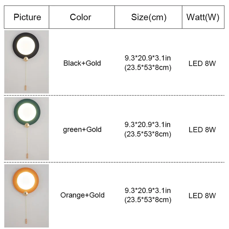 Уникальная круглая настенная лампа с выключателем-тягой зеленого/оранжевого/черного цвета на ночном столике в спальне с 3-мя температурами золотого света и 8 Вт.