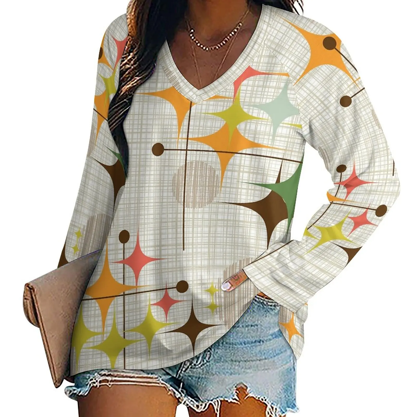 

Women's T-shirts Long Sleeve Loose Tee Hip Hop Streetwear Clothes Eames Era Starbursts And Globes 3 (bkgrnd) T-shirts with