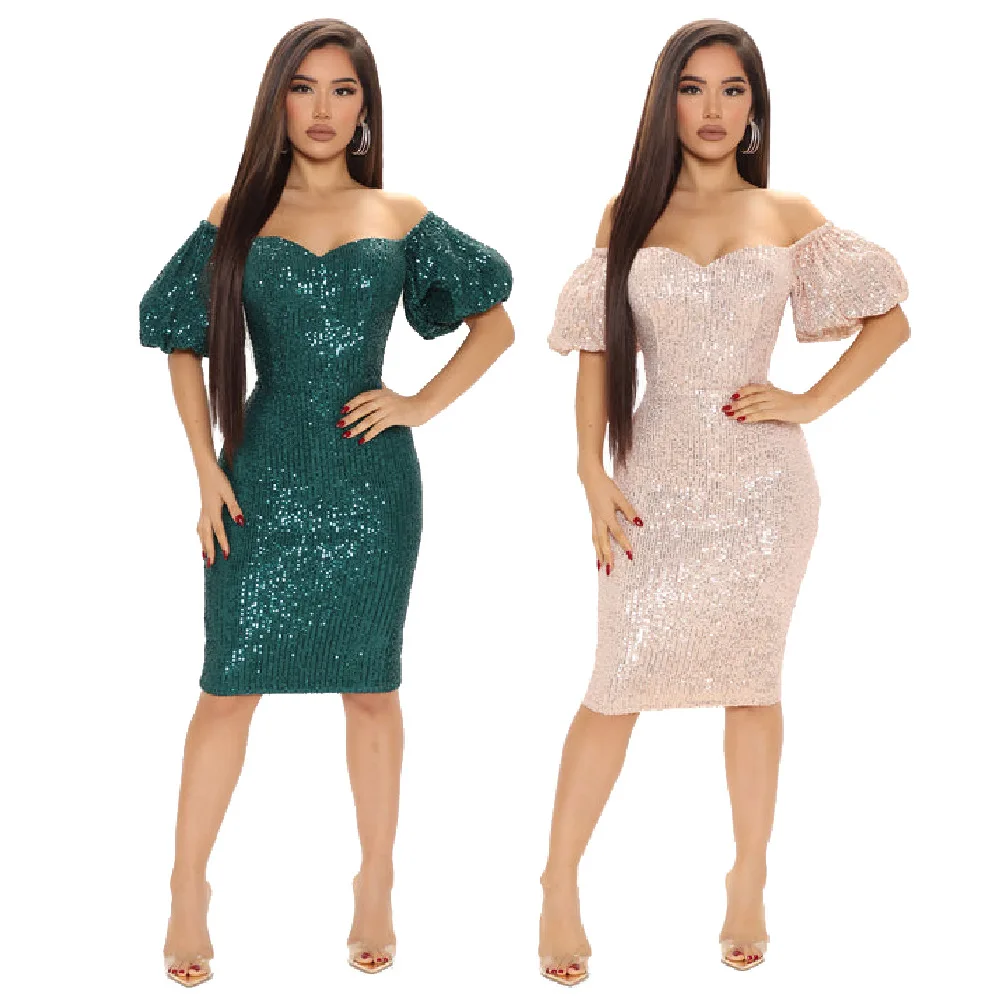 

2022 Summer Women Elegant Sexy Mini Dress Sequined Off-Shoulder V-neck Short Sleeve Fashion Bodycon Nightclub Dresses