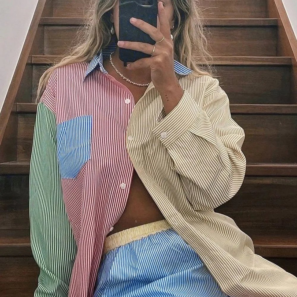 

Womens Y2K Striped Cardigan Lapel Pocket Button Shirts Streetwear Fashion Elegant Patchwork Contrast Trendyol Harajuku Blouses