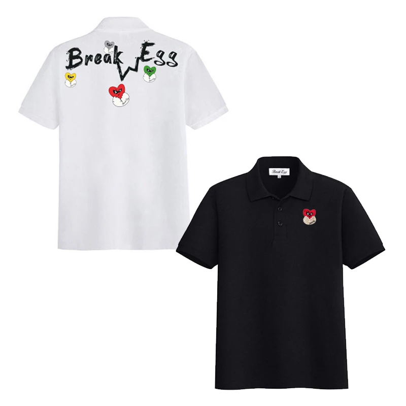 

Break Egg Men Women POLO Shirt Polyester Heart Eggshell Embroidery Back Letter Colorful Heart Print Lapel Straight POLO Shirt
