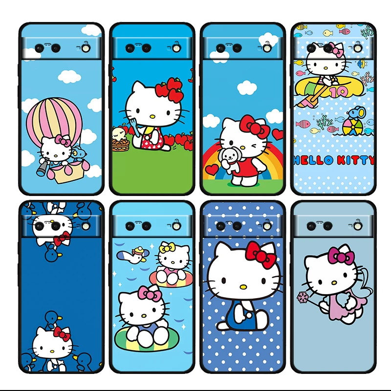 

Cartoon Hello Kitty Funny Shockproof Cover For Google Pixel 7 6 6A 5 4 5A 4A XL Pro 5G Soft TPU Soft Black Phone Case Cover Capa