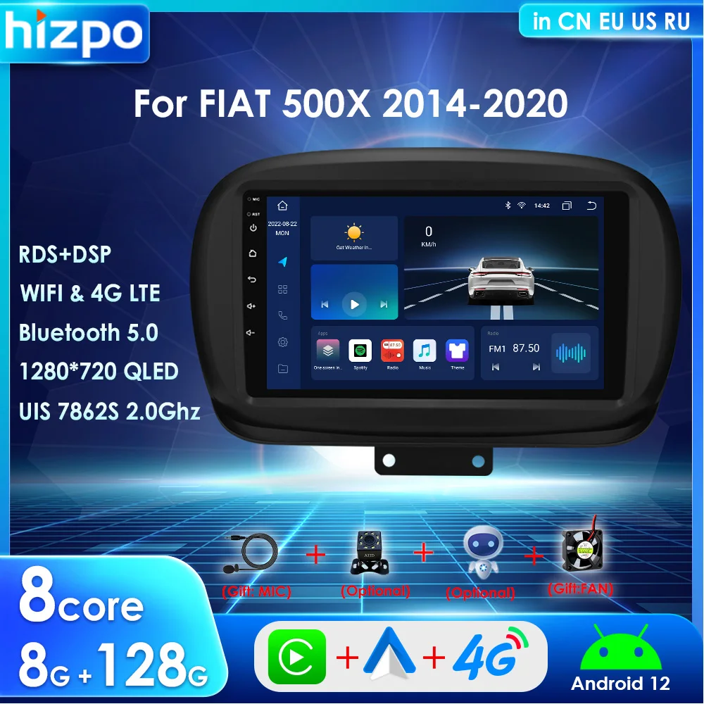 

Hizpo 2din Octa Carplay Android 12 UIS7862 For FIAT 500X 2014-2020 Car Radio Multimedia Player 4G GPS Navi Stereo SWC BT DSP RDS