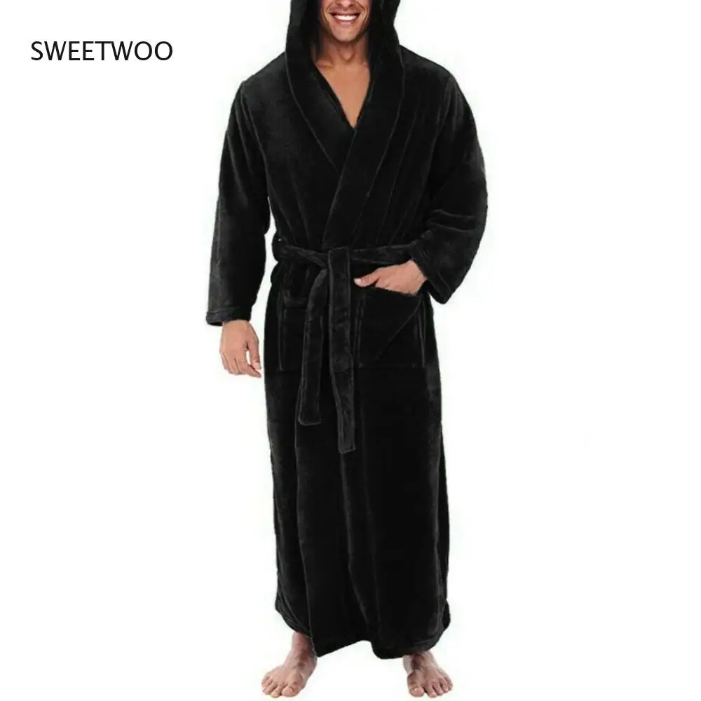 Men Soft Coral Fleece Solid Color Pockets Long Bath Robe Home Gown Sleepwear Towel Robe Winter Pajamas 2022