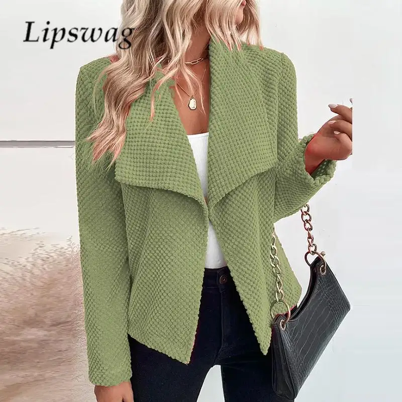 

Женский короткий кардиган с большими лацканами, однотонный элегантный универсальный жакет с длинным рукавом, верхняя одежда для офиса и поездок, осень