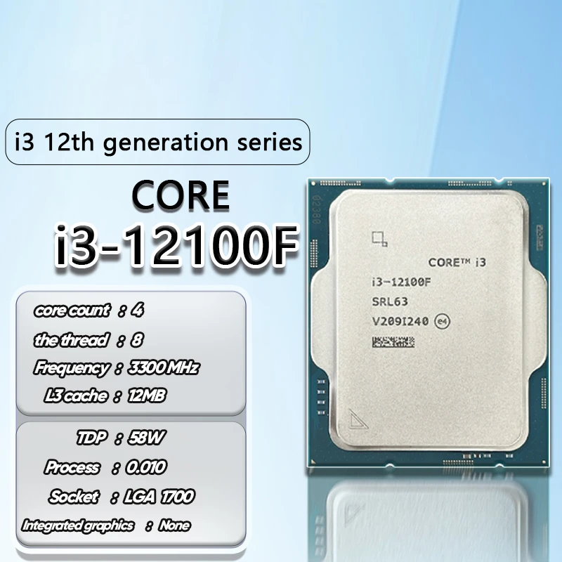 Core i3-12100F New i3 12100F 3.3 GHz 4-Core 8-Thread Processor L3=12M 60W Support DDR4 DDR5 Desktop CPU Socket LGA 1700