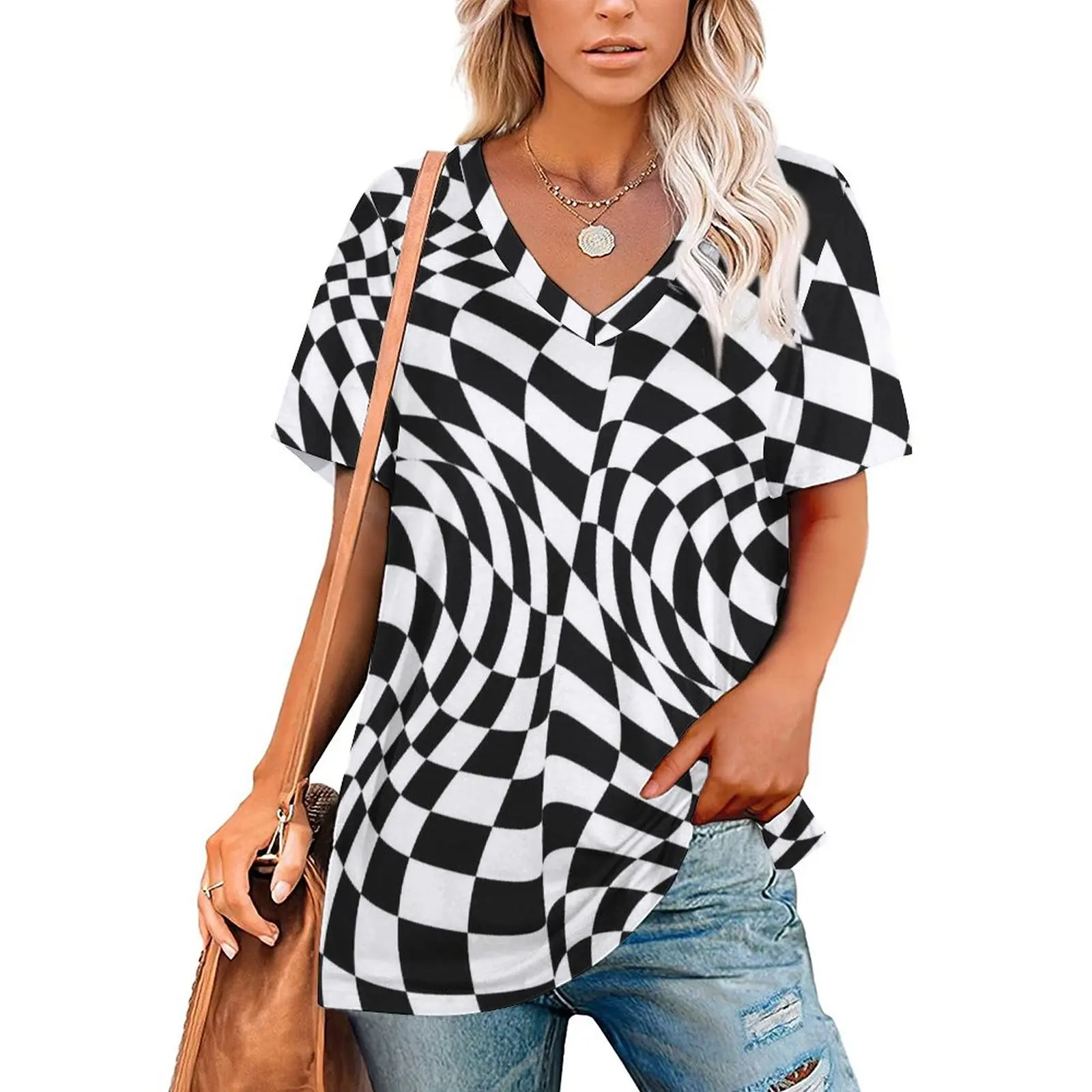 

Abstract Striped T Shirts Black And White Geometric V Neck Street Fashion Oversize T-Shirt Short-Sleeve Female Harajuku Tshirt