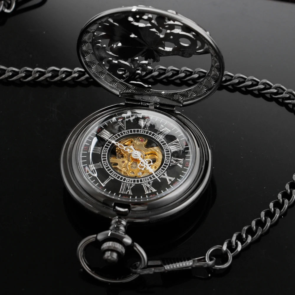 Black Dragon Exquisite Sculpture Clock Steampunk Skeleton Mechanical Pocket Watch Fob Chain Clock Men and Women Gift