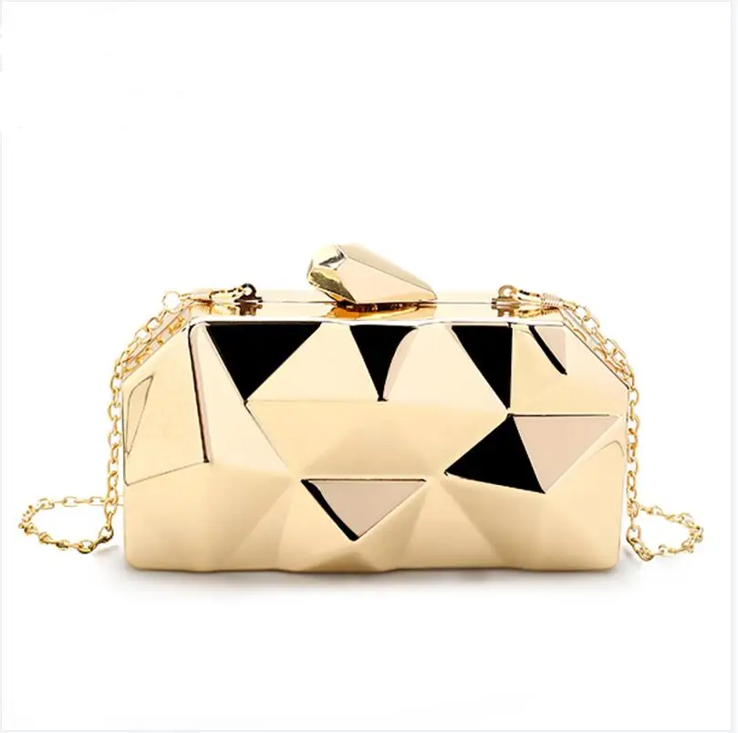 

Fashion Handbags Women Metal Clutches Hexagon Mini Party Black Evening Purse Silver Bags Gold Box Chain Shoulder Bag Top Quality