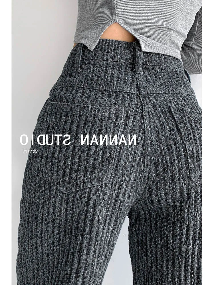 JESSIC Retro Trendy Air Woven Jeans Women's Thin High-waisted Straight Wide-leg Pants Drape Mopping Trousers Spring