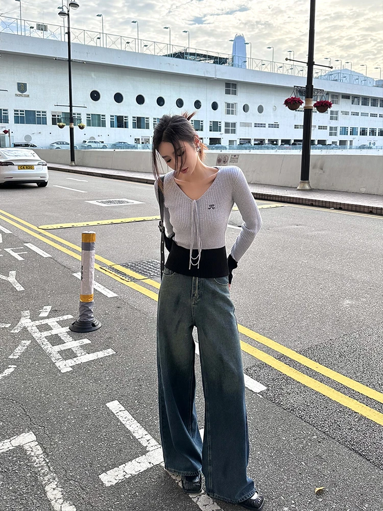 ZQ Ziqing весенне-осенний облегающий свитер с v-образным вырезом для похудения