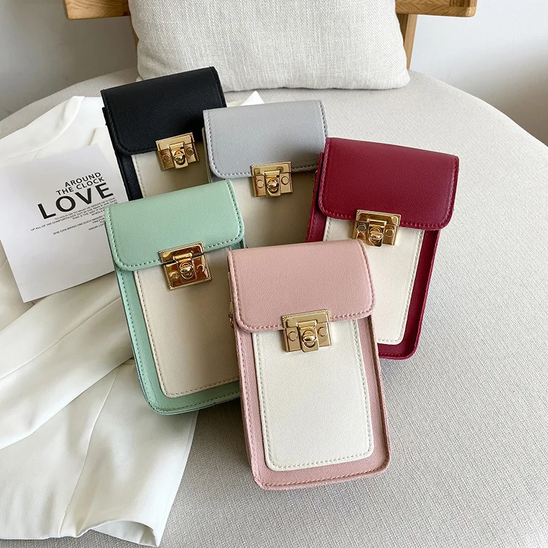 Korean Fashion Contrast Color Phone Bag Mini Square Bag Bags 2023 Chain Lock Buckle Bag
