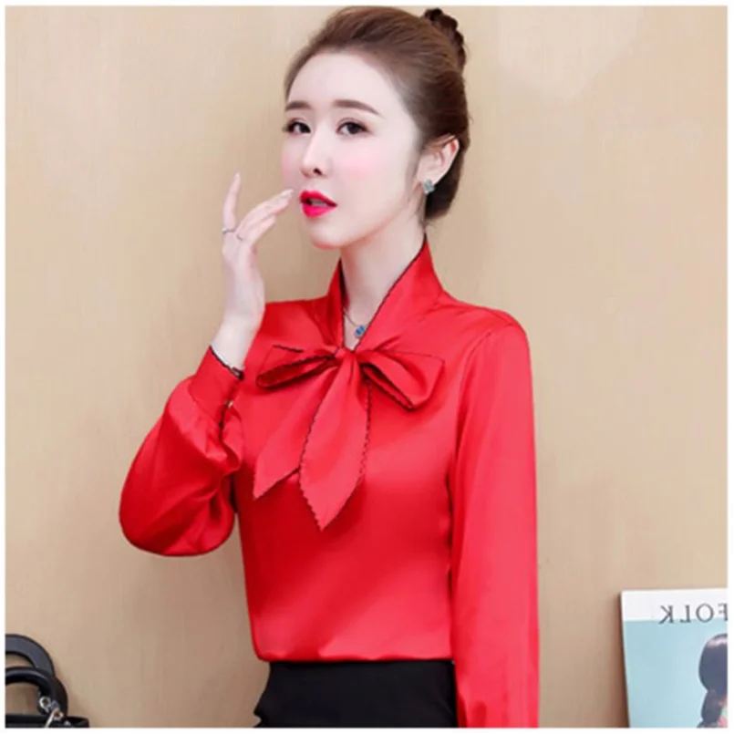 Атласная рубашка женская с длинными рукавами весна/лето 2023 шелковая бантом