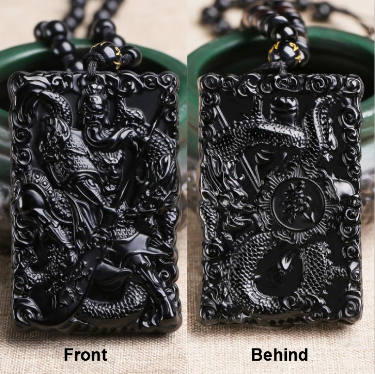 Boeycjr Статуя Guan Yu из обсидиана Отпугивает злых духов Колье и подвеска Модные украшения Силовое колье для мужчин.