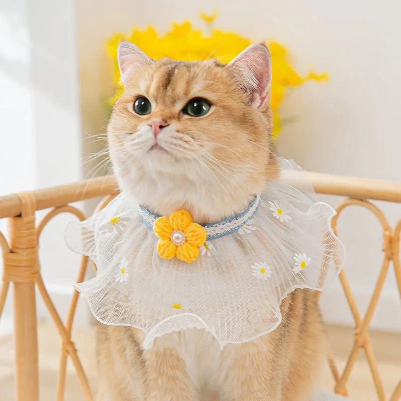

4 Sizes Adjustable Floral Cat Dog Collar Organza Pet Bows Lace Bibs Pearl Kitten Party Necklace Puppy Grooming Accessories
