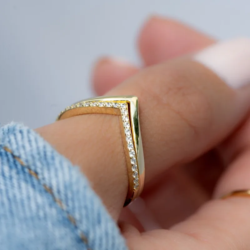 

New Simple Gold Colour Triangle Zirconia Ring Bohemian Style Delicate Double Row Sun Flower Women's Jewellery Gift