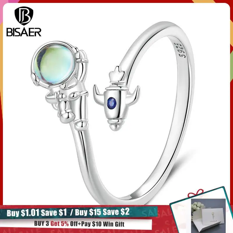 

BISAER 100% 925 Sterling Silver Spaceman & Spacecraft Adjustable Rings 6-9 Plated Platinum for Women Original Fine Jewelry Gift