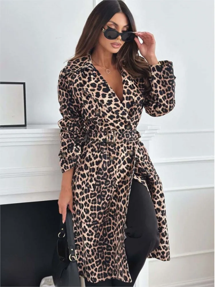 Модная ветровка с леопардовым принтом для женщин осень-зима двубортный пояс