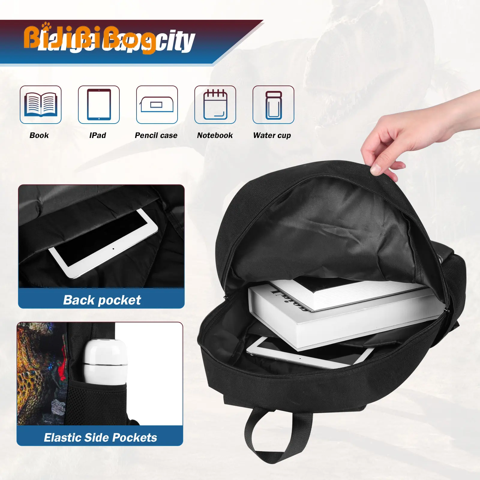 Students Backpacks 3D Dinosaur Printed Boys Backpacks 3 Pcs School Bag Set with Thermal Insulated Lunch Bag Pencil Bag