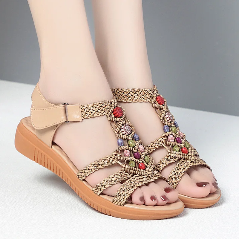 Women's Sandals Large Size2023New Soft Leather Mid Heel Beach Shoes Fashion Wedge Heel Flat Maternity Sandals Women Women Shoes