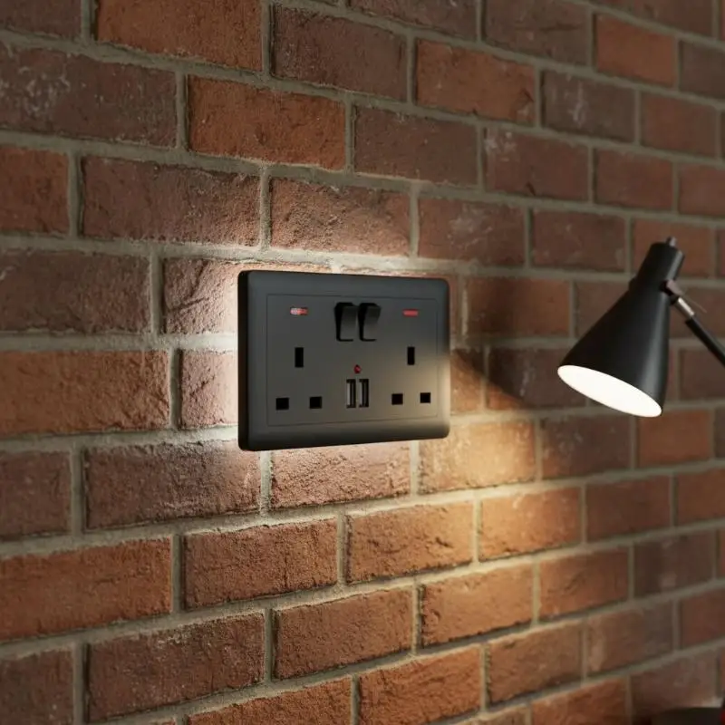 Фото Настенная розетка с британской вилкой 13А, двумя USB-портами для зарядки 5В 2.1А и LED-индикатором для ресторанов и кафе №4