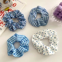 harajuku blue color flower lattice wave point hair ties for women elegant large intestine hair ring party jewellery
